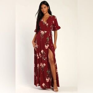 Lulu's Burgundy Floral Wrap Dress